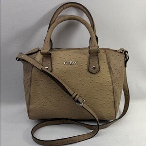 GUESS Tan Handbag Faux Leather Ostrich Print Crossbody Purse